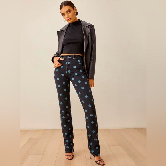 Reformation Black and Blue Polka Dot Straight Leg Jeans - Picture 1 of 11